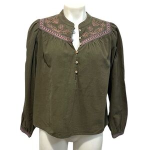Xirena olive green cotton popover embroidered half button blouse size Medium